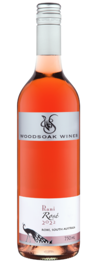 Clear glass bottle with rosé coloured wine in. The bottle has a silver top and label with another white label with Rani Rosé 2022 printed on it and a picture of the Woodsoak Wines peacock